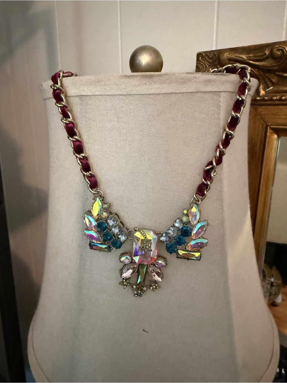 Betsey Johnson Iridescent Crystal Bib Necklace with Pink Chain